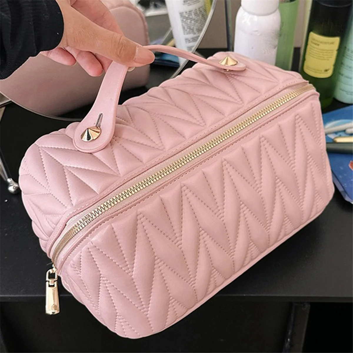 ABQR Borsa da trucco da viaggio in pelle Borsa da toilette di grande capacità Organizzatore per donna con tasca interna impermeabile, Verde chiaro