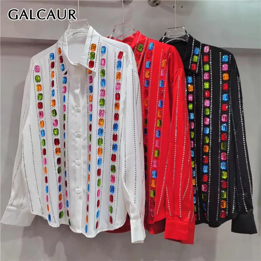 

GALCAUR однотонная полосатая рубашка с бриллиантами, женская рубашка с лацканами и длинными рукавами, свободный дизайн, литературные женские рубашки, осенняя модная новинка