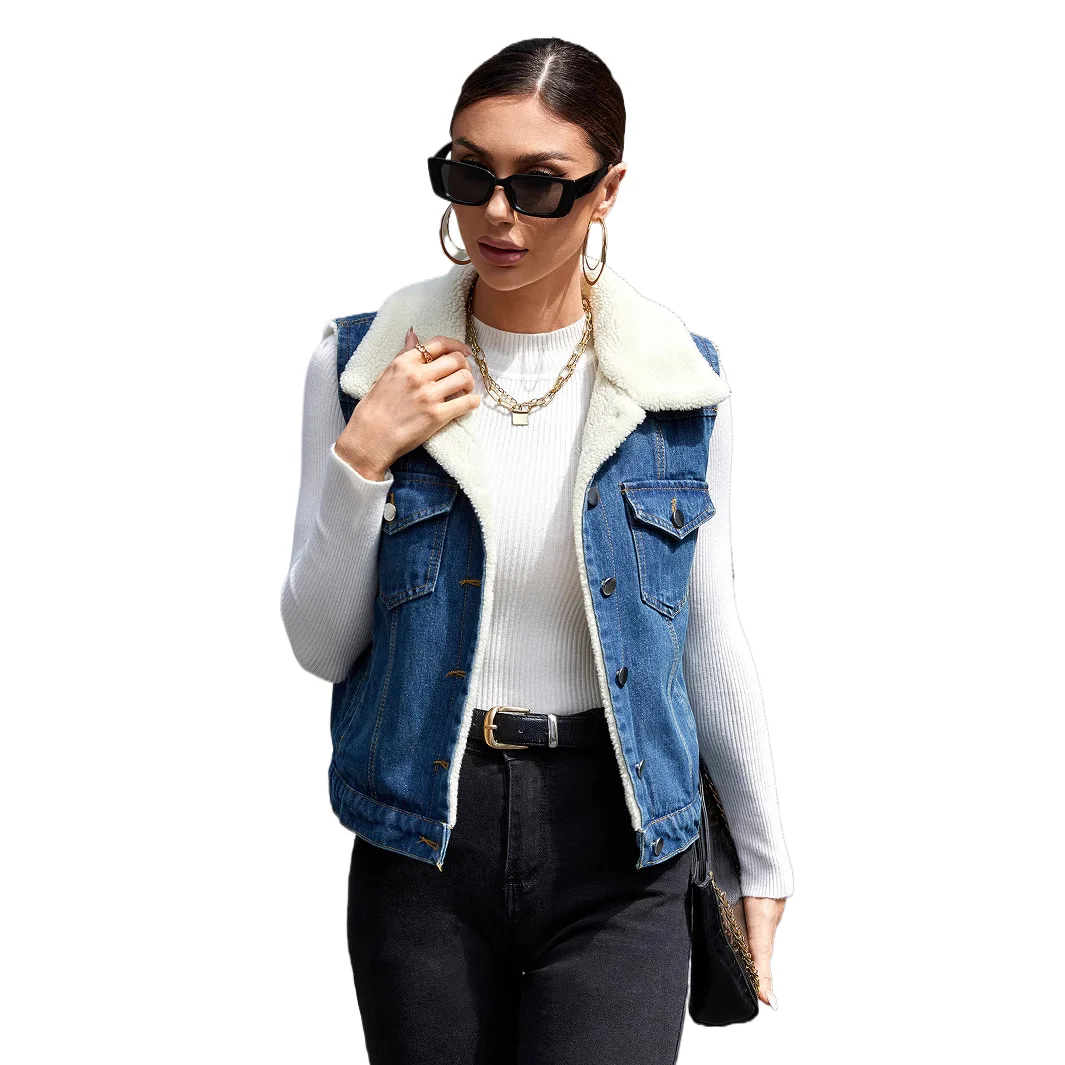 

European New Fashion Women's Sleeveless Single-breasted Casual Trendy Solid Color Denim Vests Female Jean Coats Clothes