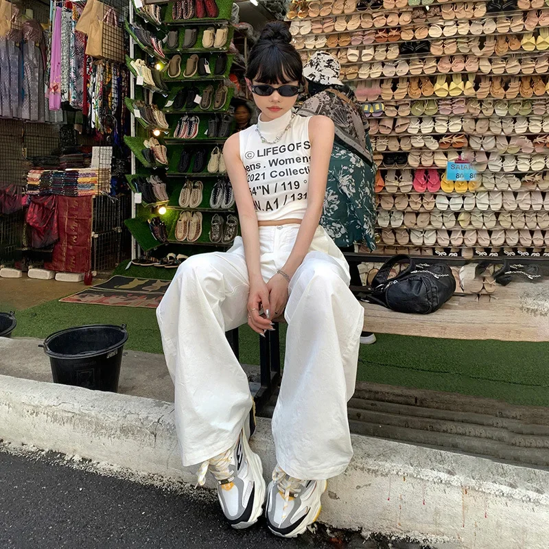 Retro-Arbeitshose mit hoher Taille, lockerem und weitem Bein. Neue, ganzjährige, einfarbige, verstellbare Taille, lässige, bodenlange Hose für Damen