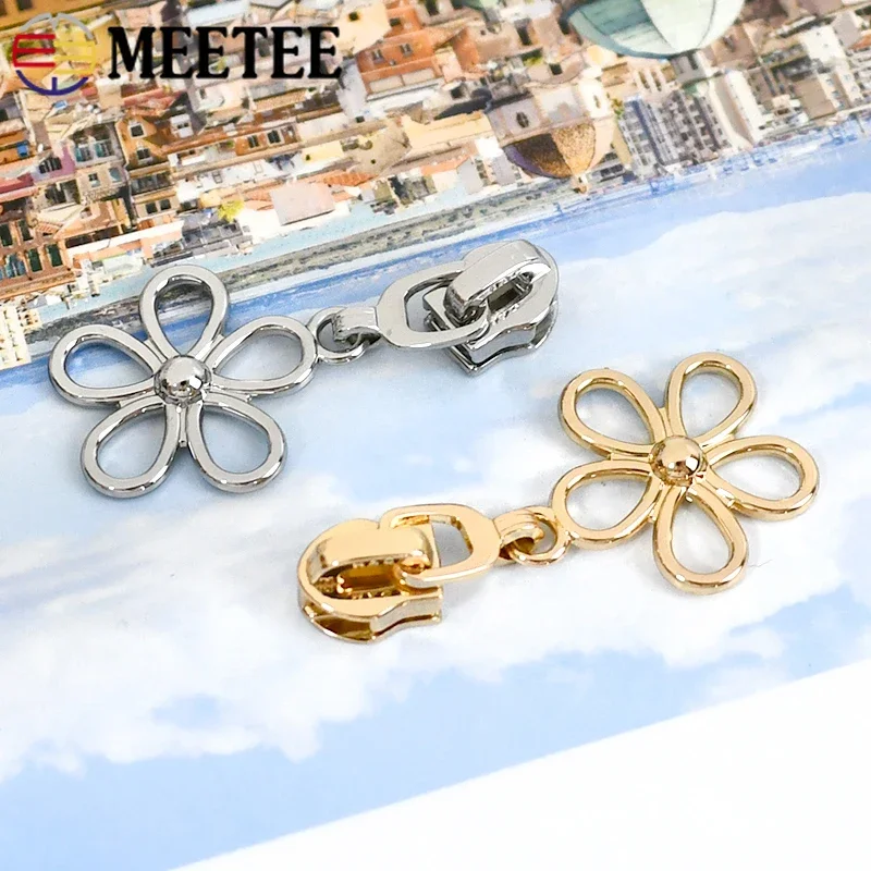 5/10/20Pcs Meetee 5# Nylon Zipper Slider Metal Flower Zips Puller Head for Zip Jacket Bag Repair Garment Sewing Accessory