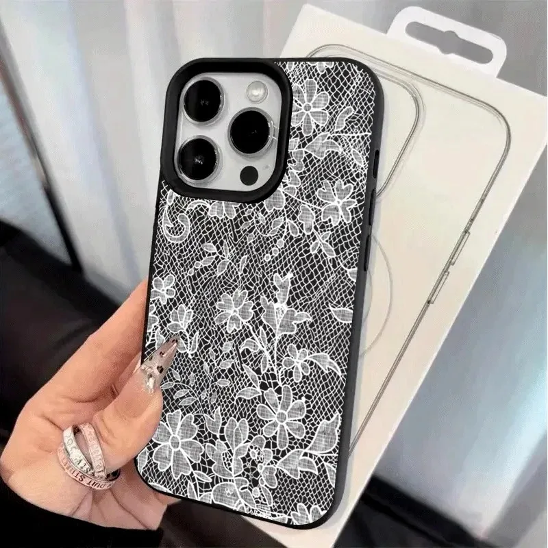 Custodia Morbida in Silicone Bianca con Motivo a Pizzo e Texture Litchi per iPhone 17 16 15 14 Plus 13 12 11 Pro MAX 17 Air