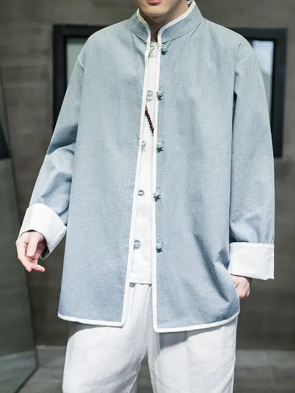 

Youth Men's Jacket Spring Autumn Retro Chinese Style Large Size Tang Costume PU Leather Fabric Regular Sleeve Long Coat