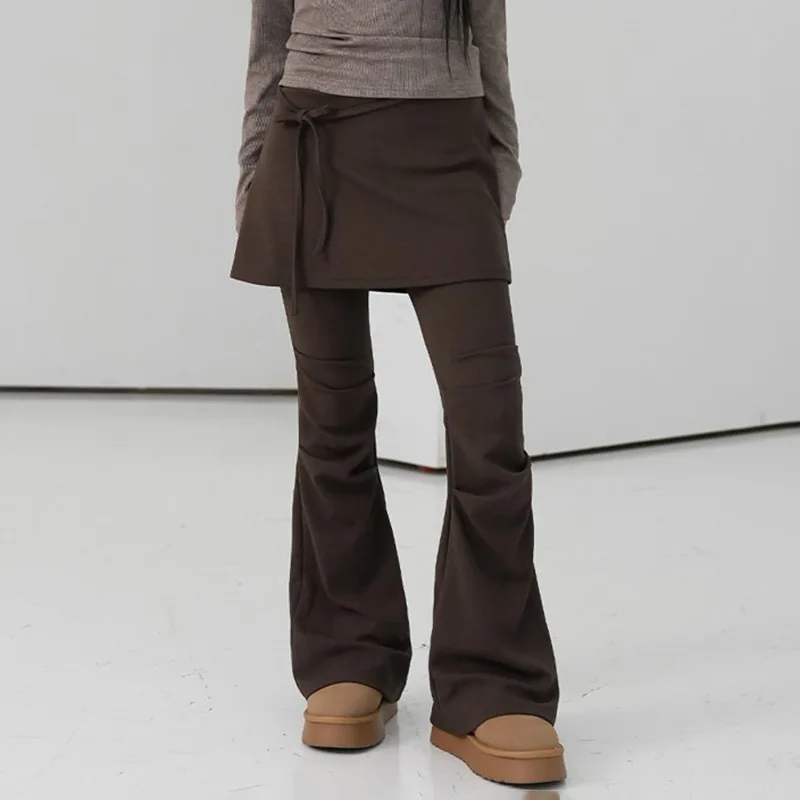 

American-style Retro Double-layer Flared Pants Skirt for Women, Pure Color, Slim-fitting, Fashionable and Casual, Long Length