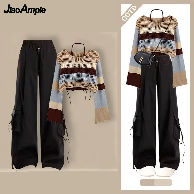 Women 2024 Autumn New Vintage Long Sleeve Knit Hollow Sweater+Vest+Loose Cargo Pants 3-Piece Set Korean Sportswear Matching Set