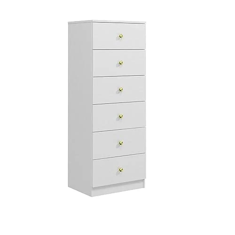 

6-Drawer Tall Chest of Drawers in White with Gold Handles Space-Efficient Vertical Design Durable Wood Construction Eco-Friendly