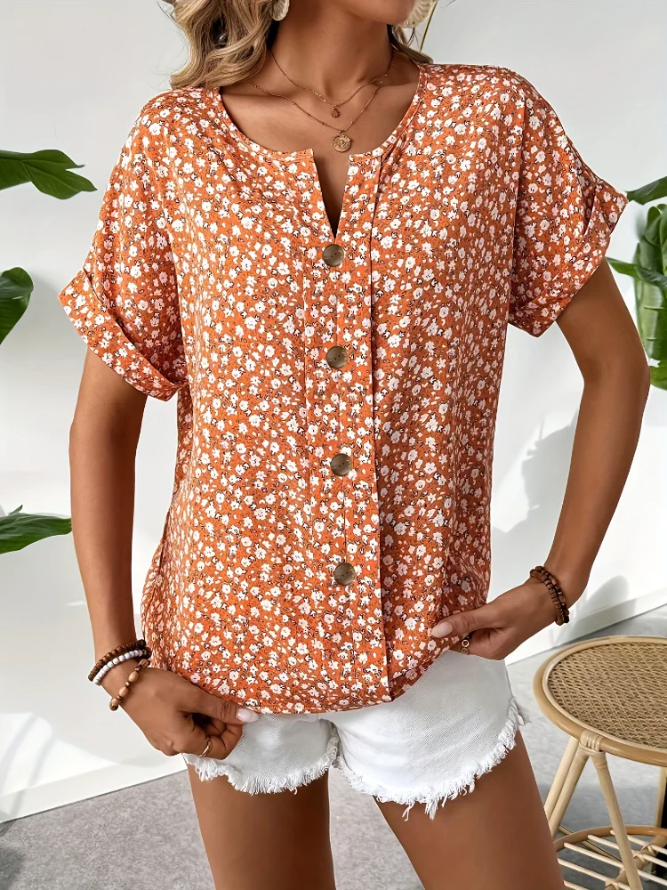 

Plus Size Women Elegant Floral Tops Popular Soft Short-sleeved T-shirt Office Lady Button Decoration Spring And Summer In-Stock