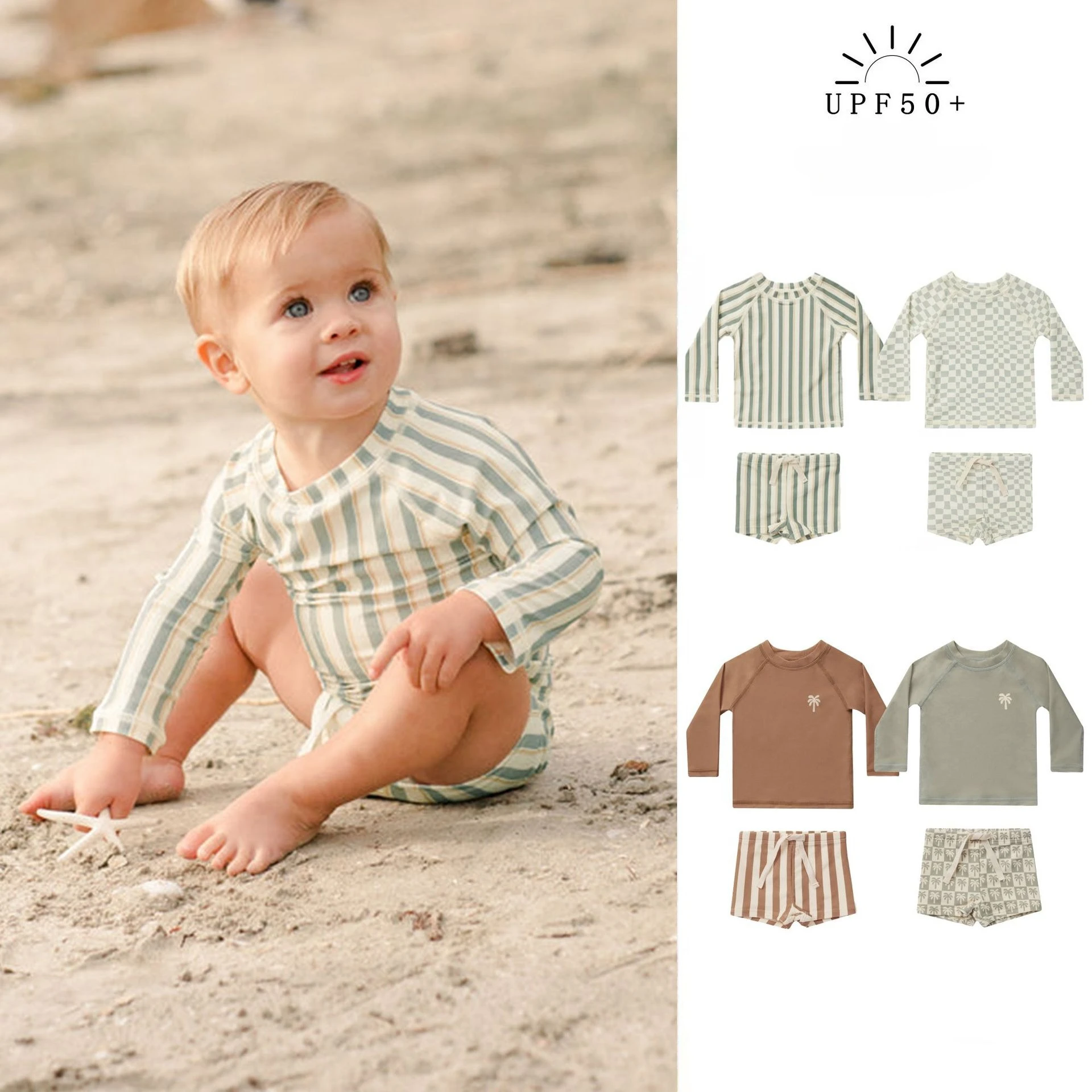 Australian Children Boutique Shorty Sunsuit UPF 50+ UV  Stripe  2 Pieces Swimwear Set Toddler Boys Rash Guards