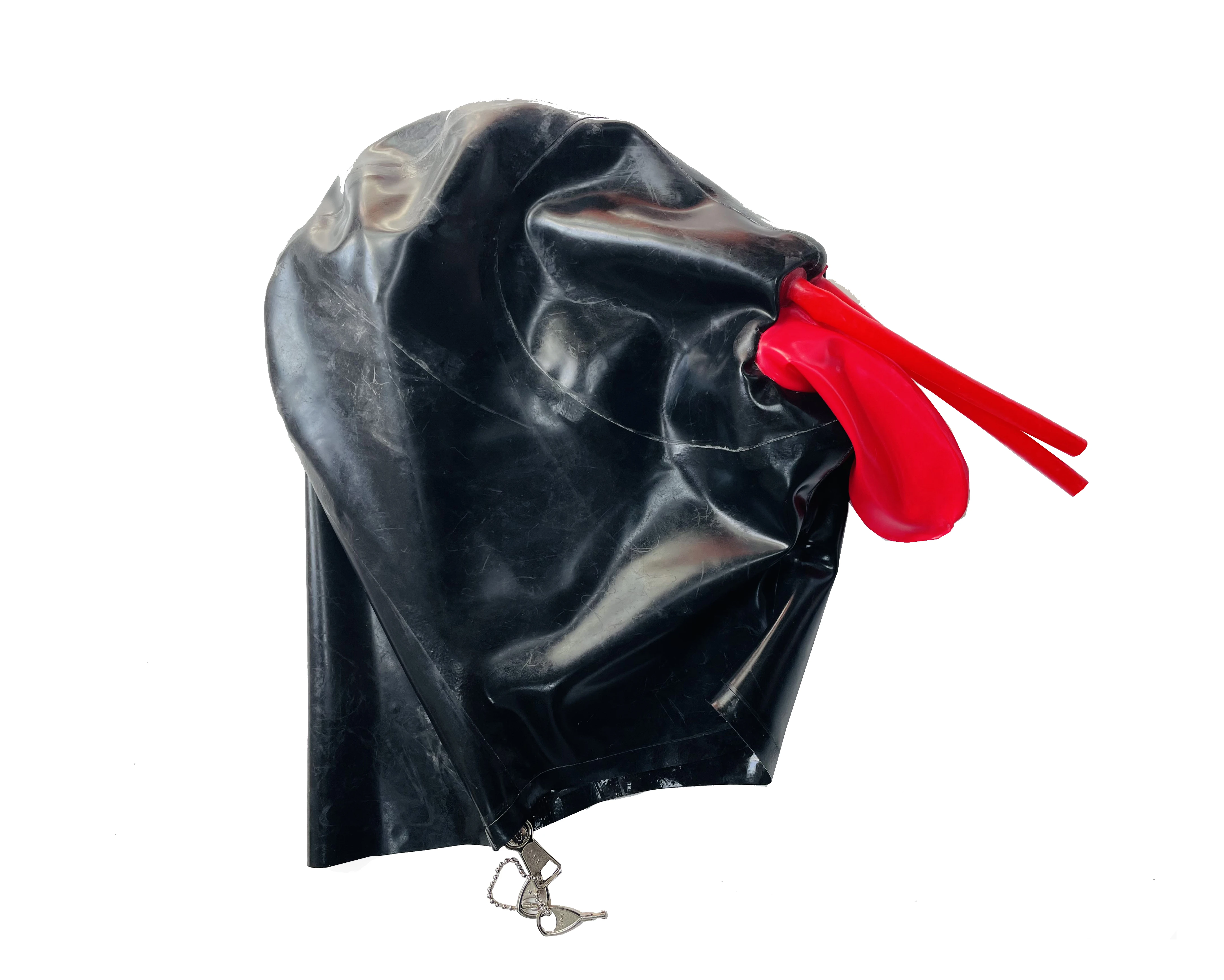 Latex mask full cover hood 15cm long nose tube red mouth sheath lock zip