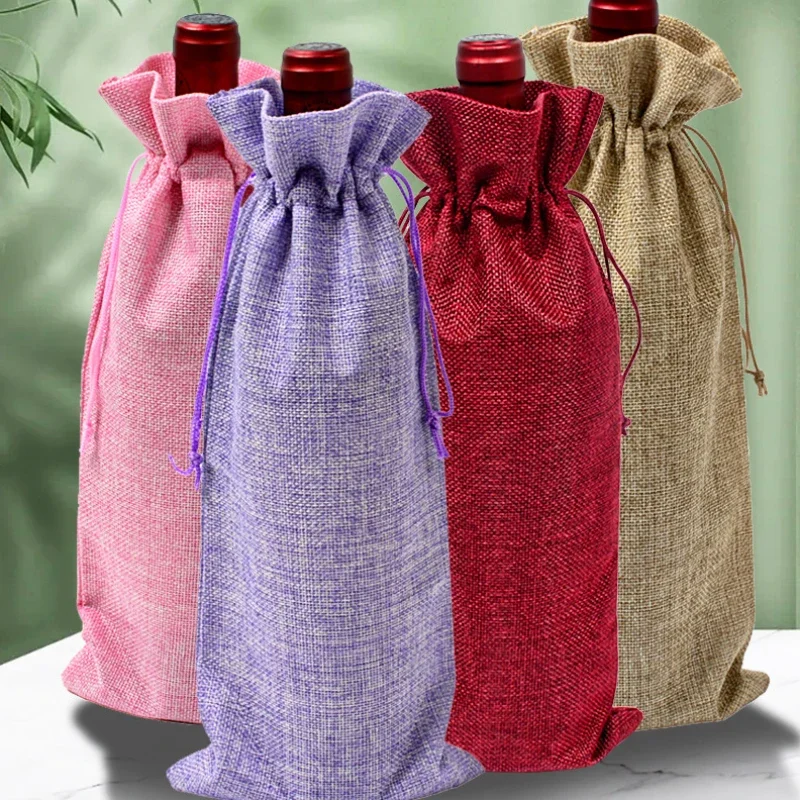 10pcs/lot 15x35cm Christmas New Year Party Champagne Red Wine Drawstring Linen Wine Bottle Packaging Bags Decor Gift Supplies