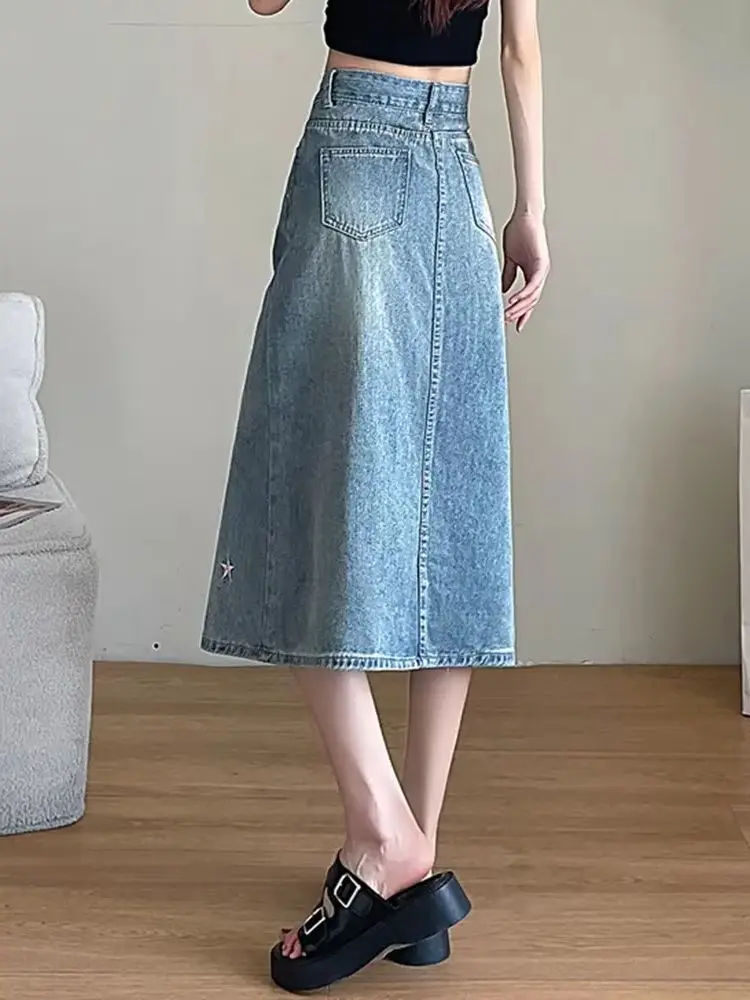 New Chic Split Simple Classic Loose Denim Female Skirt Summer Fashion Embroidery Casual Slim High Waist Xs-2Xl Midi Women Skirts