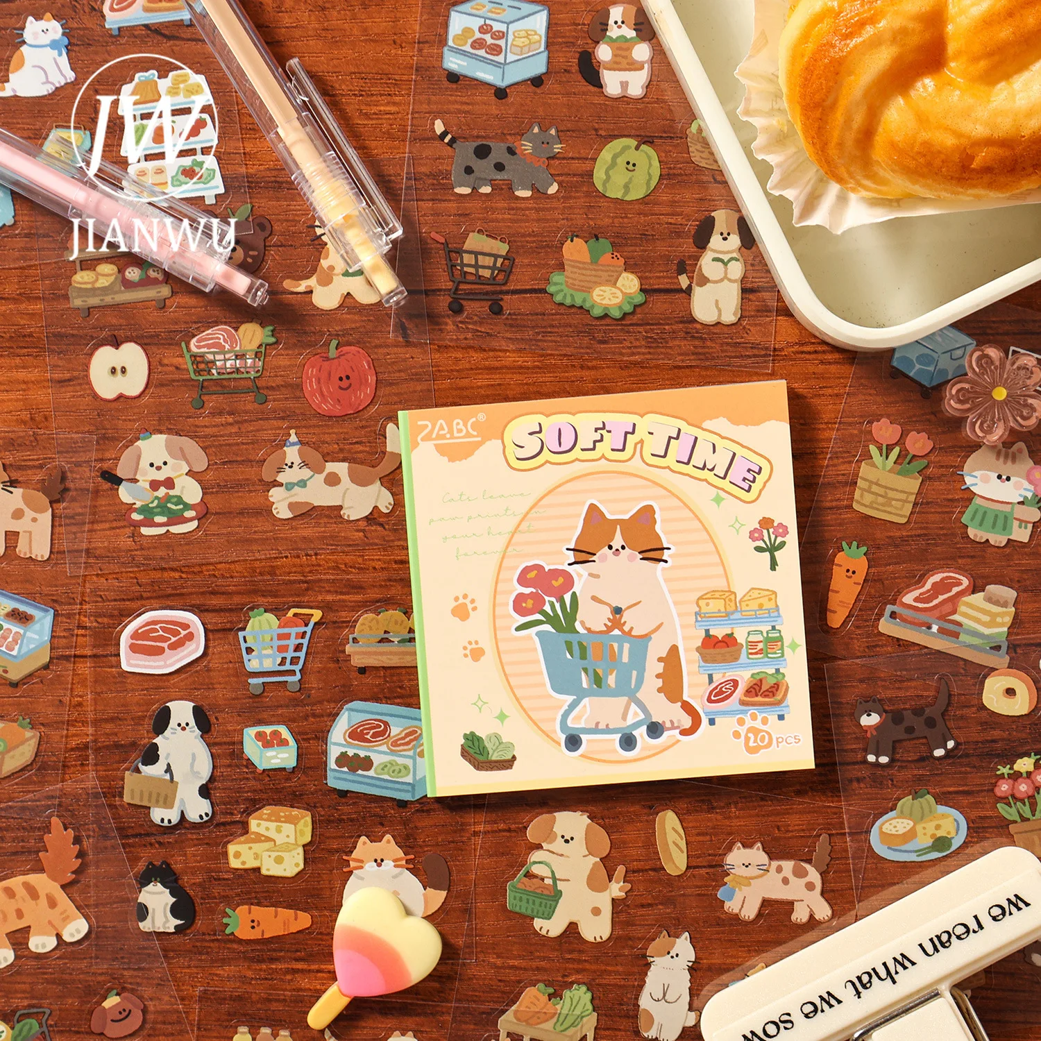 

JIANWU Full of Energy Series Kawaii Cartoon Dog and Cat Landscape Material Collage PET Sticker Book Creative Journal Stationery