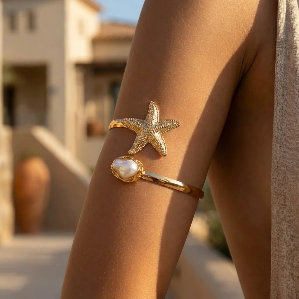 Arm Cuff Conch Starfish Flower Open Adjustable Metal Alloy Women Beach Vacation Ocean Style Lightweight Daily Party Gift