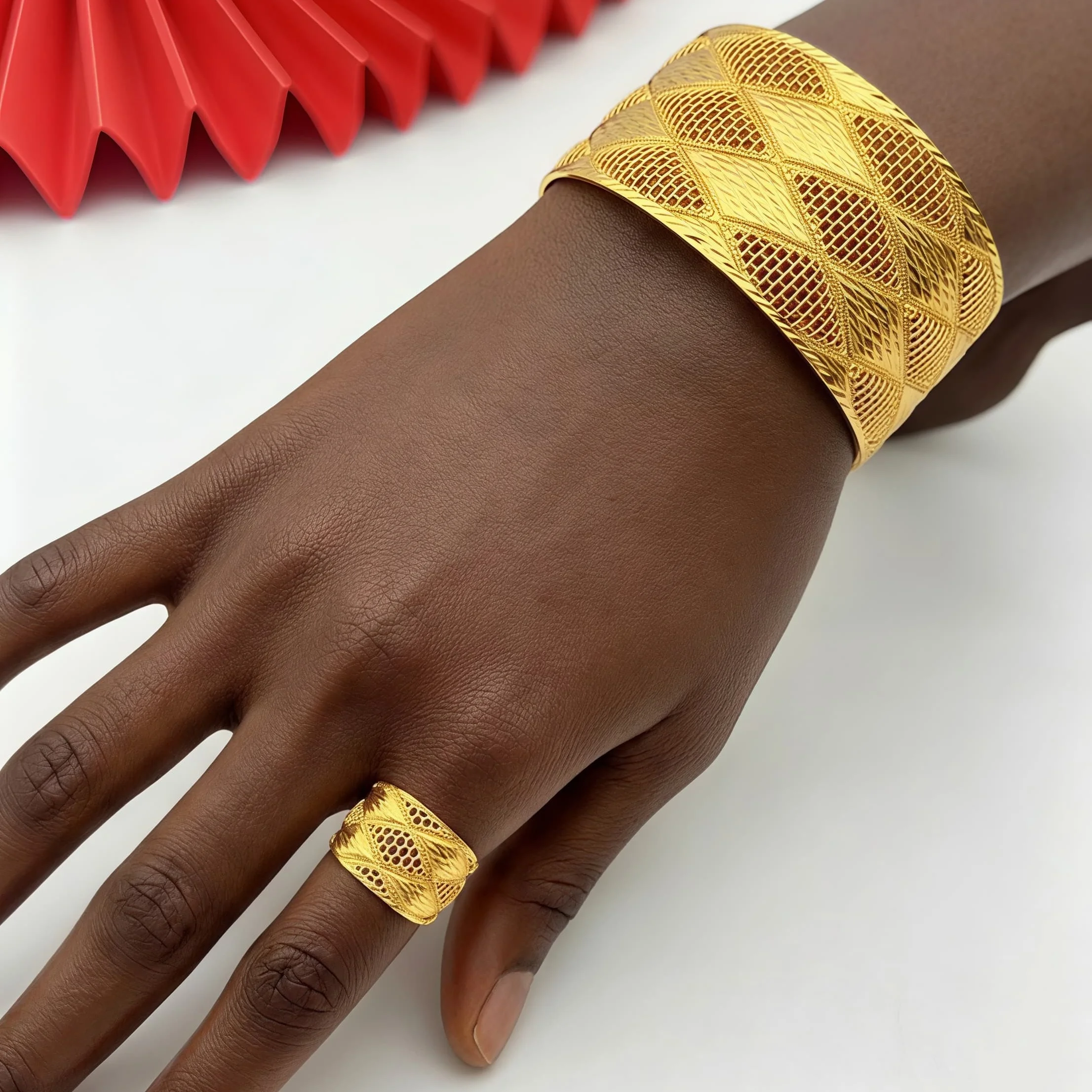Arabic Dubai Gold Plated Bracelets Ring Set For Women Adjustable Indian African Hard Charm Bangles Wedding Ethiopian Jewelry