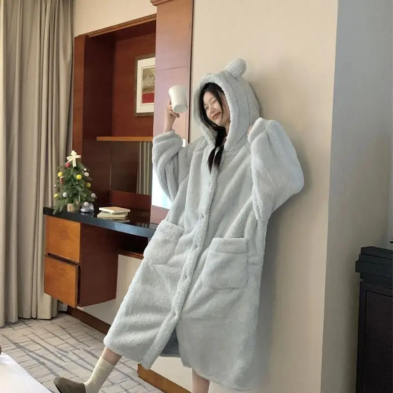 

Весенне-осенний халат для девочек, пижамы на флисовой подкладке, минималистичная одежда для сна, новая утепленная женская ночная рубашка с капюшоном, домашняя одежда из кораллового флиса