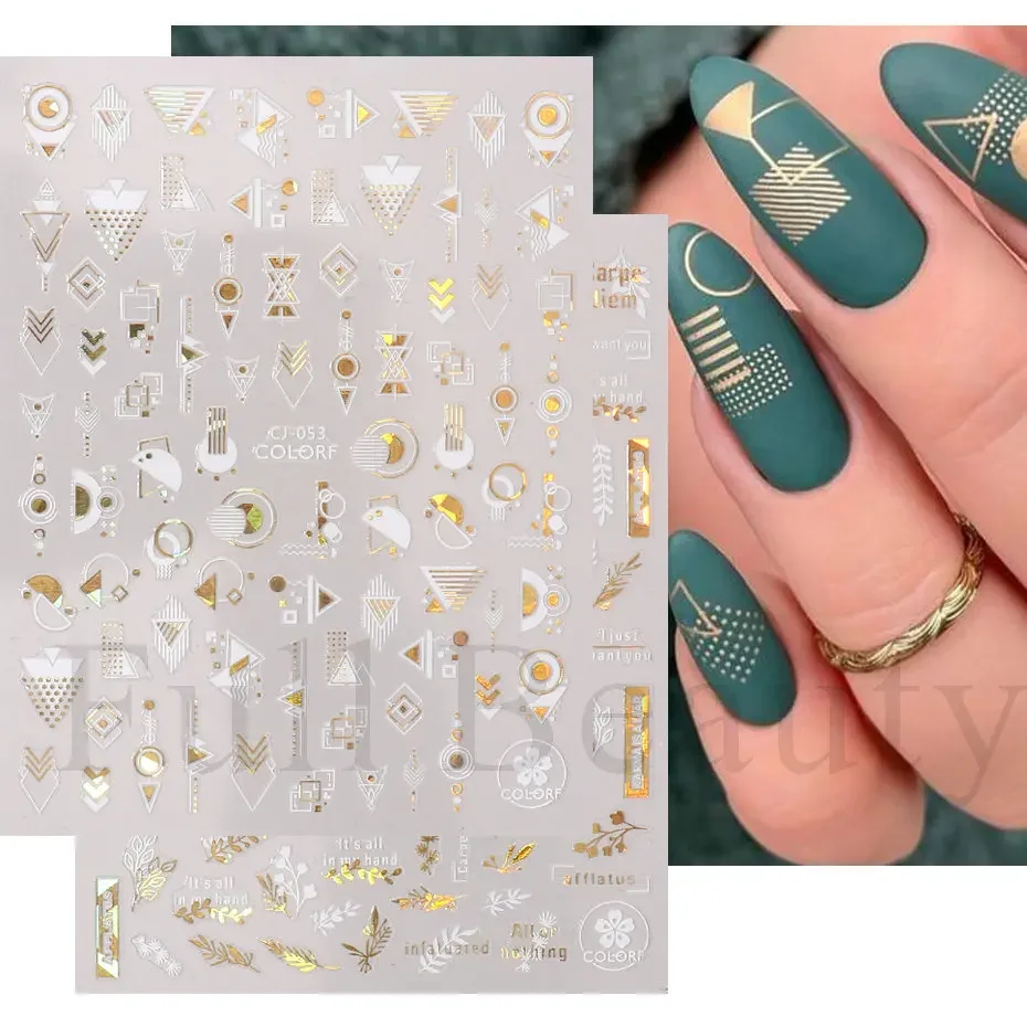 Gold Leaves 3D Nail Stickers Decals Foil Summer Spring Liner Geometric Flower Nail Tattoo Polish Sliders Manicure JICJ046-054