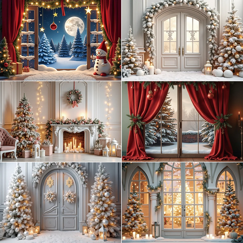 

MOON.QG 2025 Christmas Photocall Photozone Background New Year Window Curtain Backdrop Xmas Tree Photography Studio Accessories