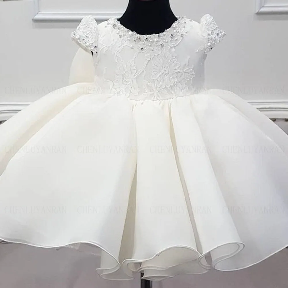 Vestido acampanado de Organza para niña de flores, cuello redondo, vestido de fiesta de boda de princesa, cuentas de encaje, vestido de primera comunión marfil