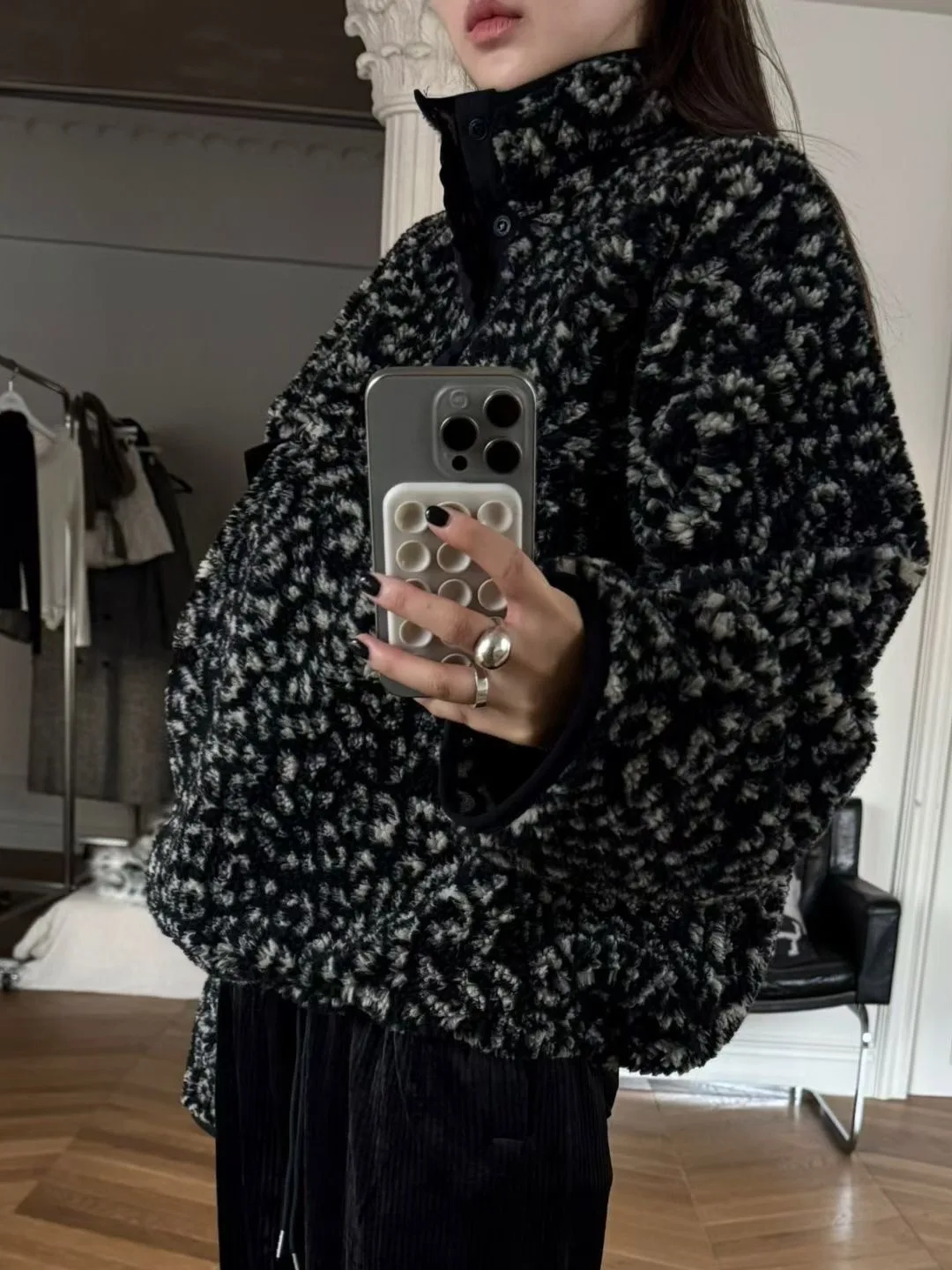 Faionable Thiened Lamb Fur Leopard Pattern Sweatirt Jaet Women's Winter Outerwear Chic Layering Top Quali Clothing