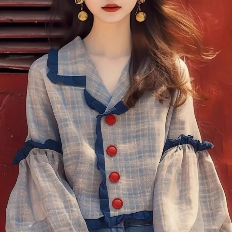Plaid Vintage Women Blouses Spring/summer New Korean Clothing Sales Loose Long Sleeves Tops Casual Women's Shirts