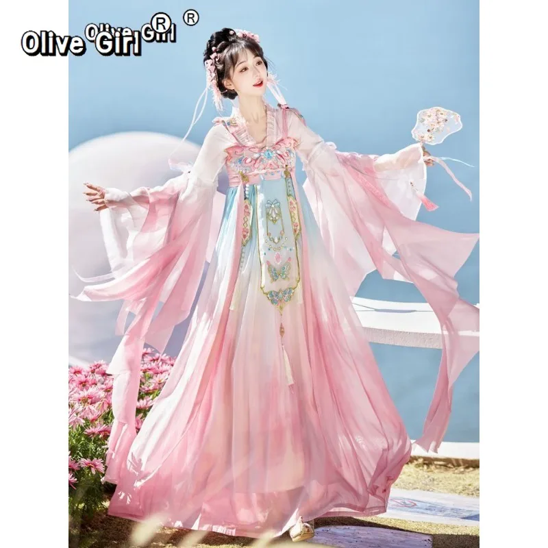 

Платья Ханьфу Olivegirl с вышивкой бабочек, женское традиционное китайское платье, костюм феи Ханьфу для косплея, зеленое и розовое платье