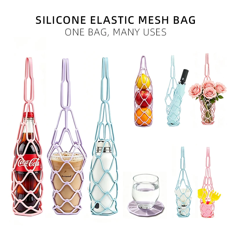 Reusable Silicone Wine Bottle Storage Bag Mesh Basket Water Bottle Tote Mat Cup Organizer for Picnic Multi-functional Coasters