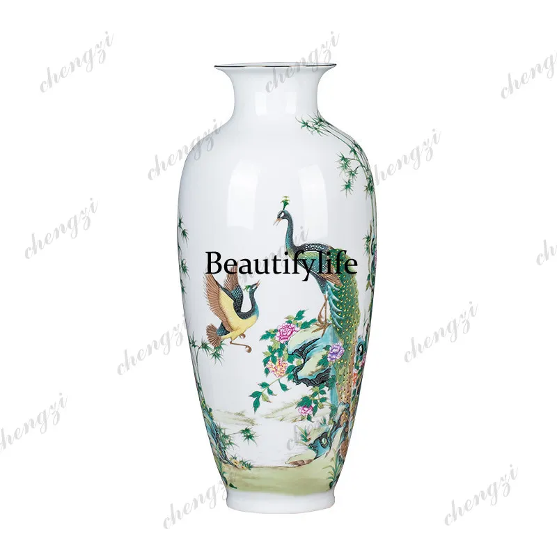 Jingdezhen ceramic enamel peacock vase ornament, home living room entryway decoration, chinese style pair