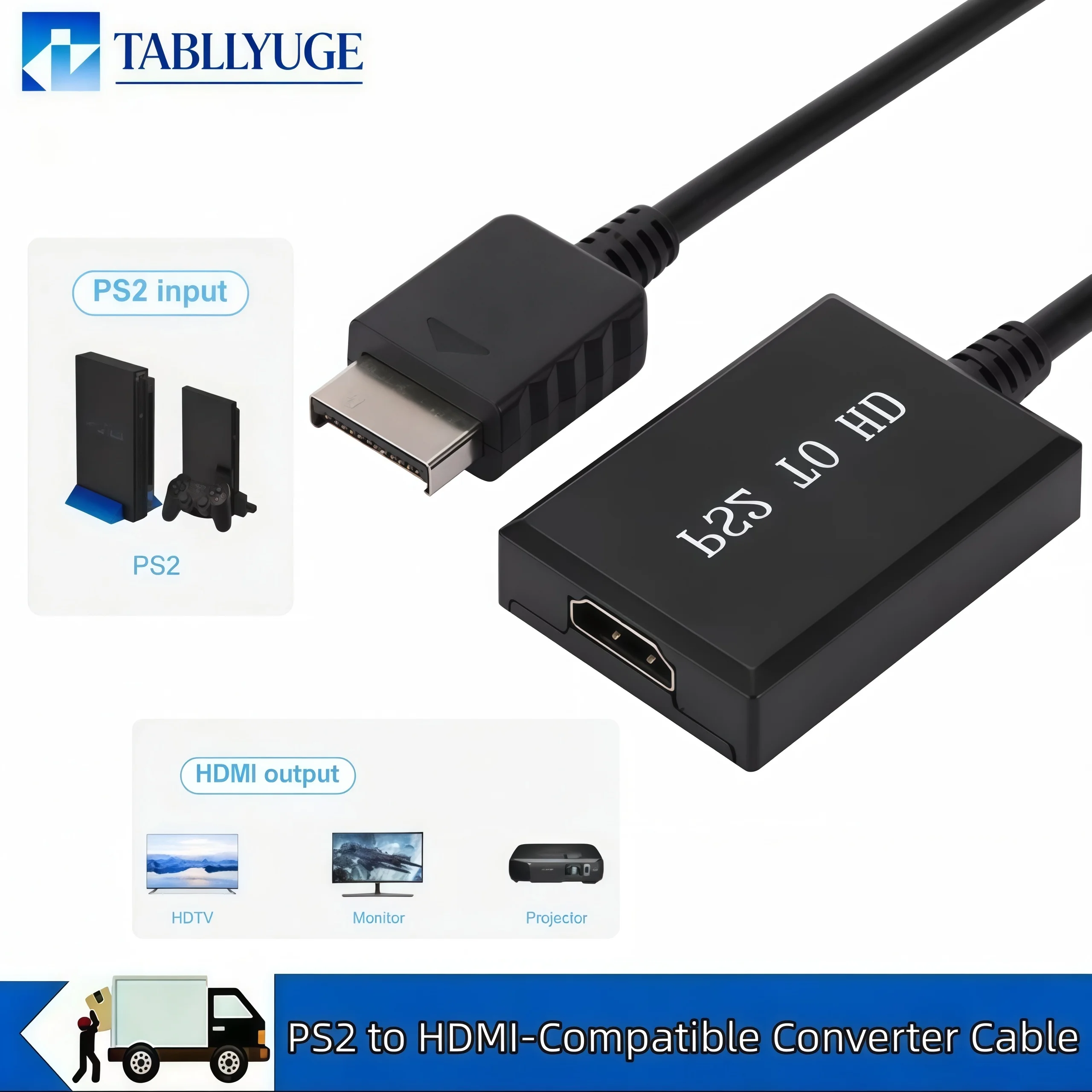 PS2 to HDMI Adapter Audio Video Converter with 3.5mm Audio Cable Compatible with PS1/2/  480i/480p/576i Display Modes