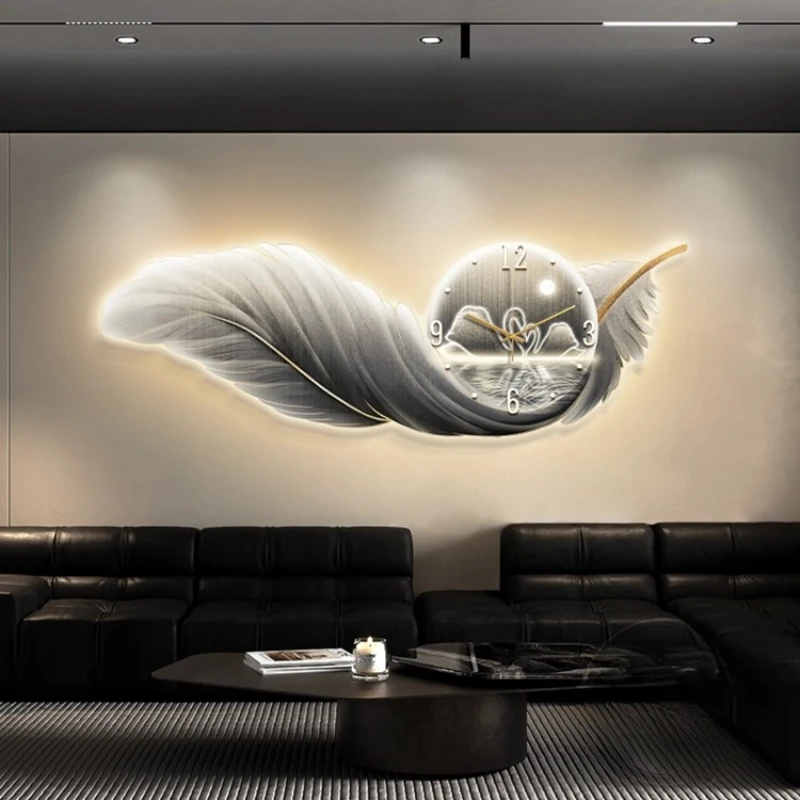 Nordic Luxury Wall Clock LED Feather 3D Decorative Painting Large Wall Clock Background Wall Digital Clock Living Room Decor