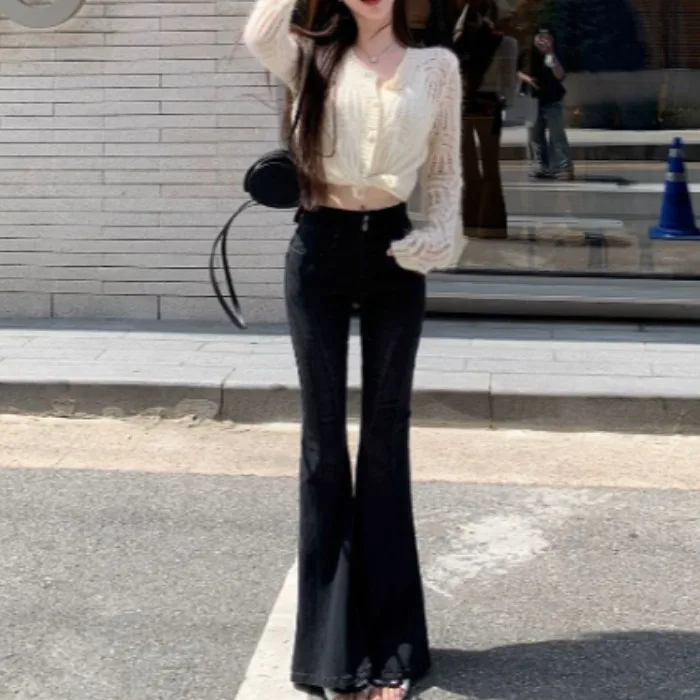 Fall New Style Semi-Korean Women's Bell Bottom Jeans Retro Washed Black Arc Split Line Micro Flared Denim Pants Casual High W...