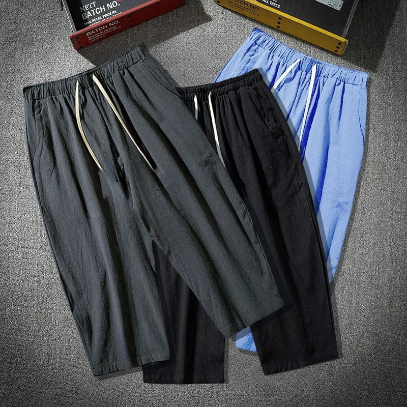 Summer new men's wide leg cropped pants breathable linen comfortable fit fashionable Japanese style plus size optional