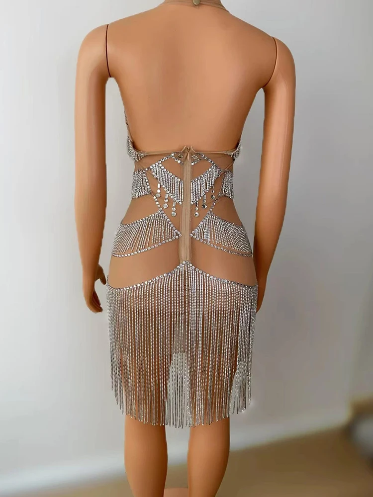 고품질 라인 석 술 섹시한 목 매달려 탄성 드레스 2025 새로운 패션 사용자 정의 여성 의류