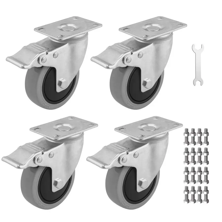 

Комплект из 4-х 4-дюймовых колес-роликов, сверхмощные колеса с двойным тормозом, нагрузка до 1240 фунтов, поворотные на 360°, с креплением на опорной пластине, промышленные.