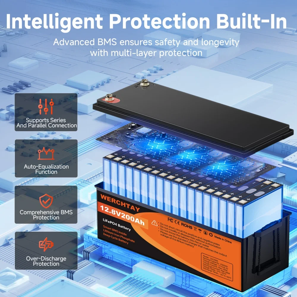 WERCHTAY LiFePO4 12V baterie s BMS 25000 cyklů 100A 200A lithiová baterie pro obytné automobily, solární systém, loď, domácnost - náhled 5