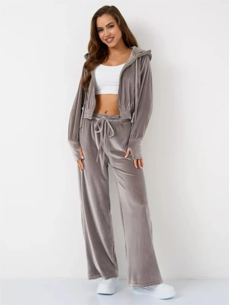 

Women Casual Sports 2 Piece Fashion Solid Color Long Sleeved Velvet Hooded Cardigan Elastic Waist Wide Leg Pants Ladies Sets