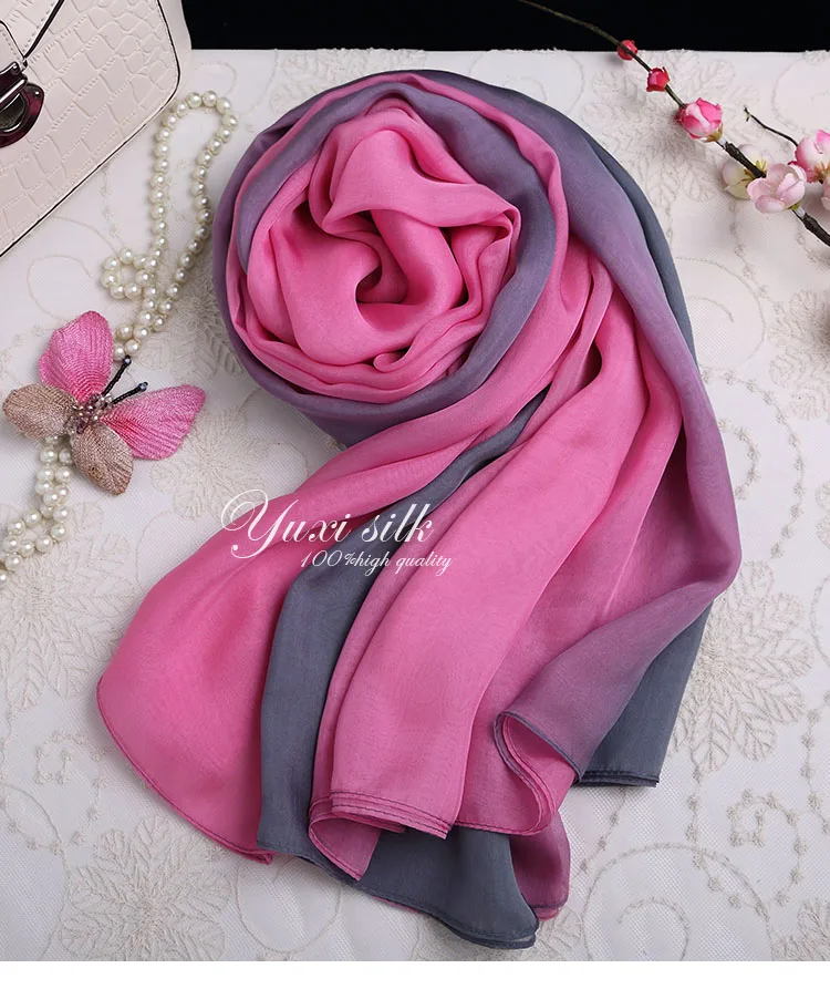 Fimtariah  long silk scarf  for women Hangzhou Red gray hand-painted gradient color  silk Shawls Wraps for Ladies Solid  female