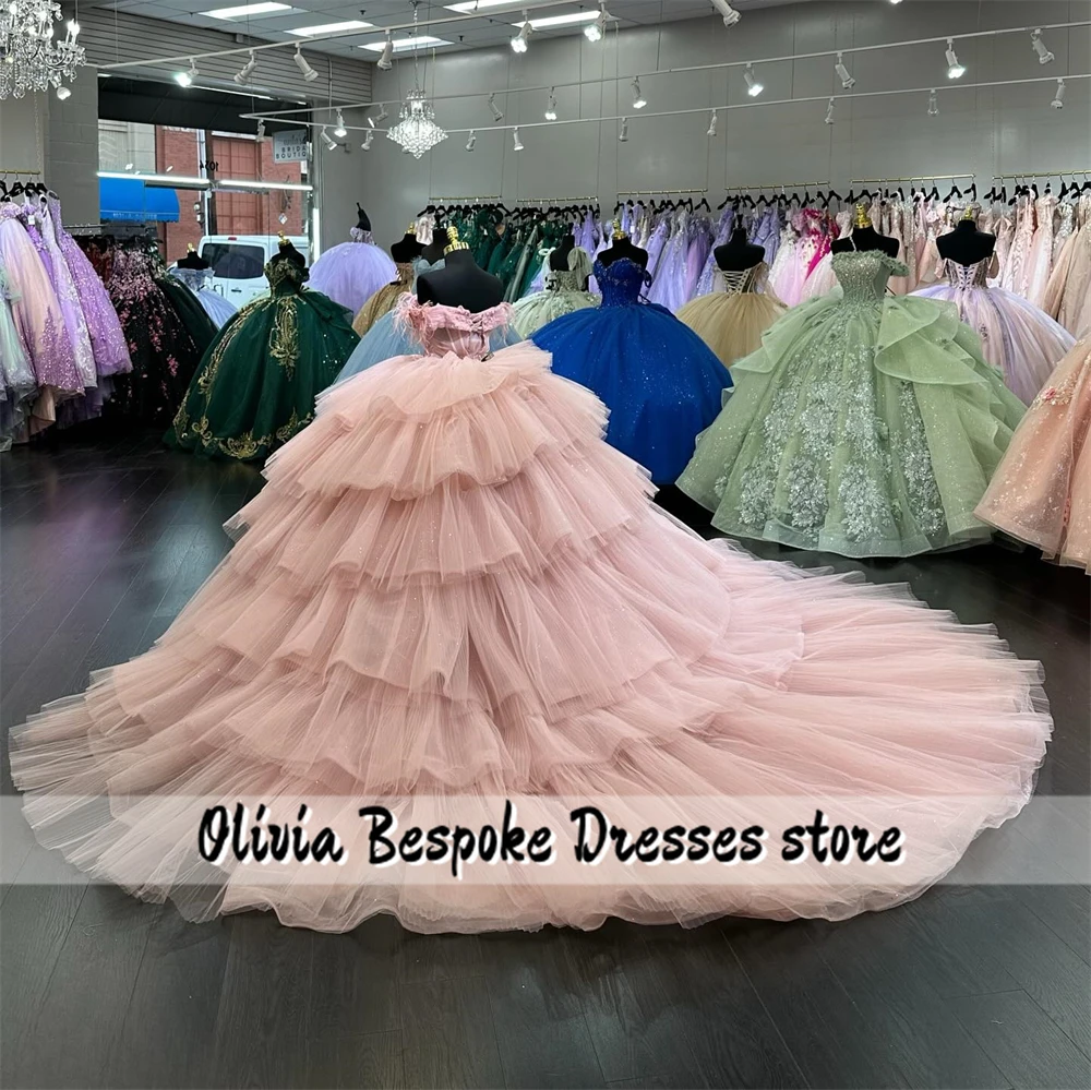 Sweet Baby Pink 15 Years Quinceanera Dresses Beads Feathers Tiered Ruffles Train Ball Gown 2025 Birthday Luxury Dress Customized