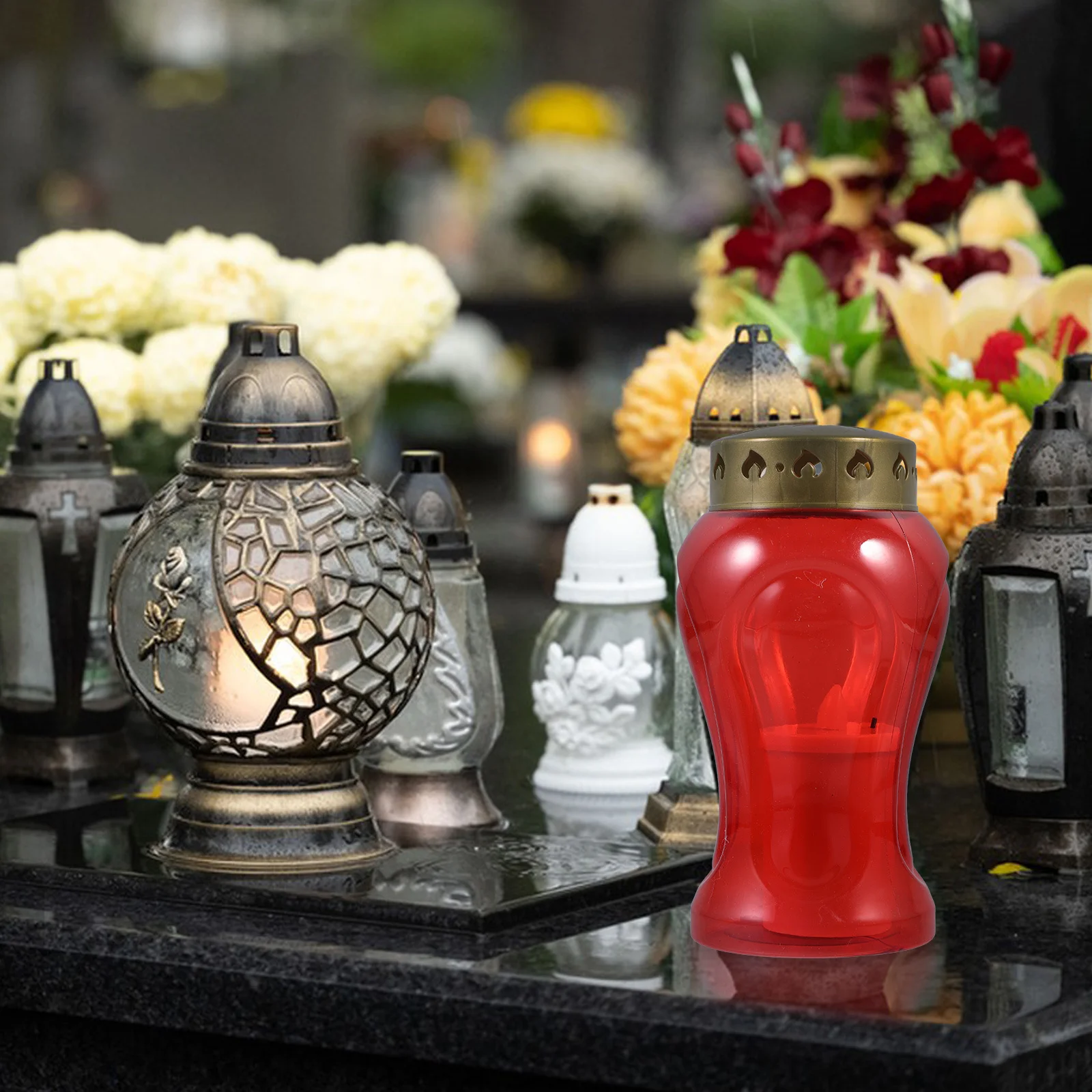 

Flameless Electronic Red Shell Operated Outdoor Garden Table Decor Cemetery Lamp Pillar Cemetery Candles