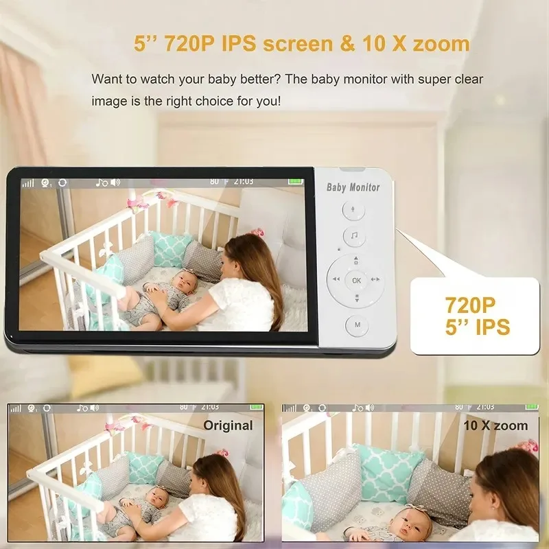 5.0 Inch HD 720P IPS Screen Wireless Video Baby Monitor With PTZ Camera Night Vision 2-Way Audio VOX Lullaby Camera Babysitter