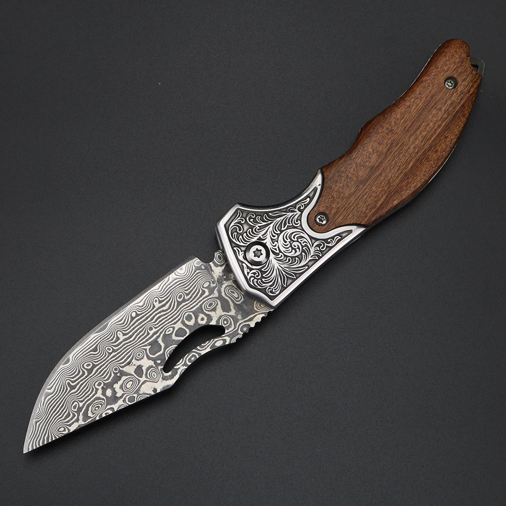 XUANTENG Damascus Laser Pattern Small Knife Hollow Handle Outdoor Knife Camping Hunting Knife Survival Knife