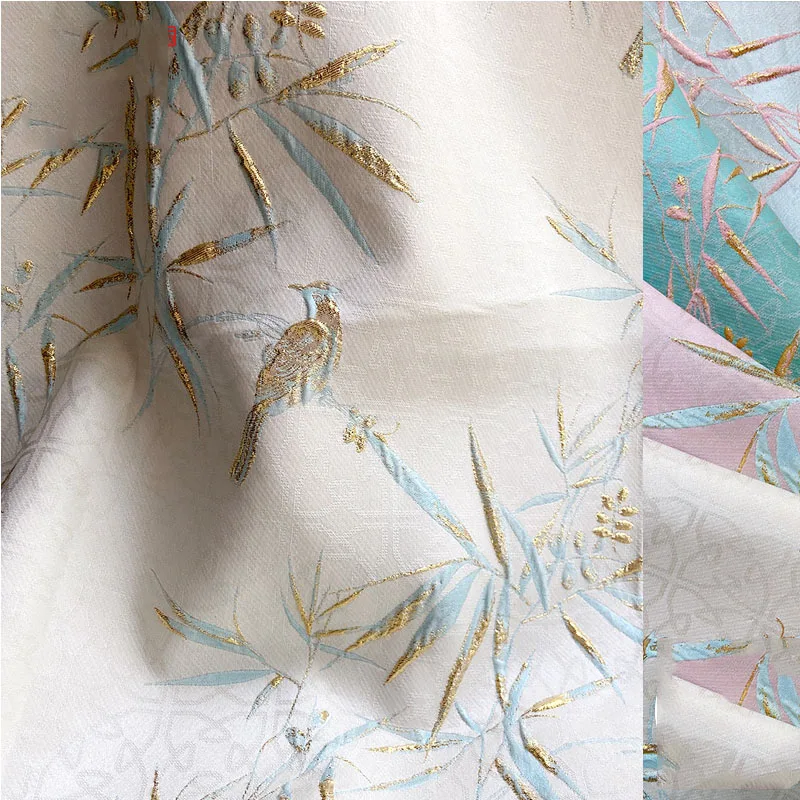 Jacquard Fabric By The Meter for Cheongsam Dresses Hanfu Sewing Embossed Bamboo Bird 3D Three-dimensional Printed Blue Diy White