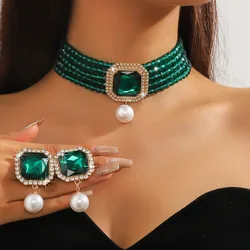 FYUAN Multilayer Green Red Blue Black Crystal Necklace Geometric Square Pearl Earrings For Women Weddings Banquet Jewelry Sets