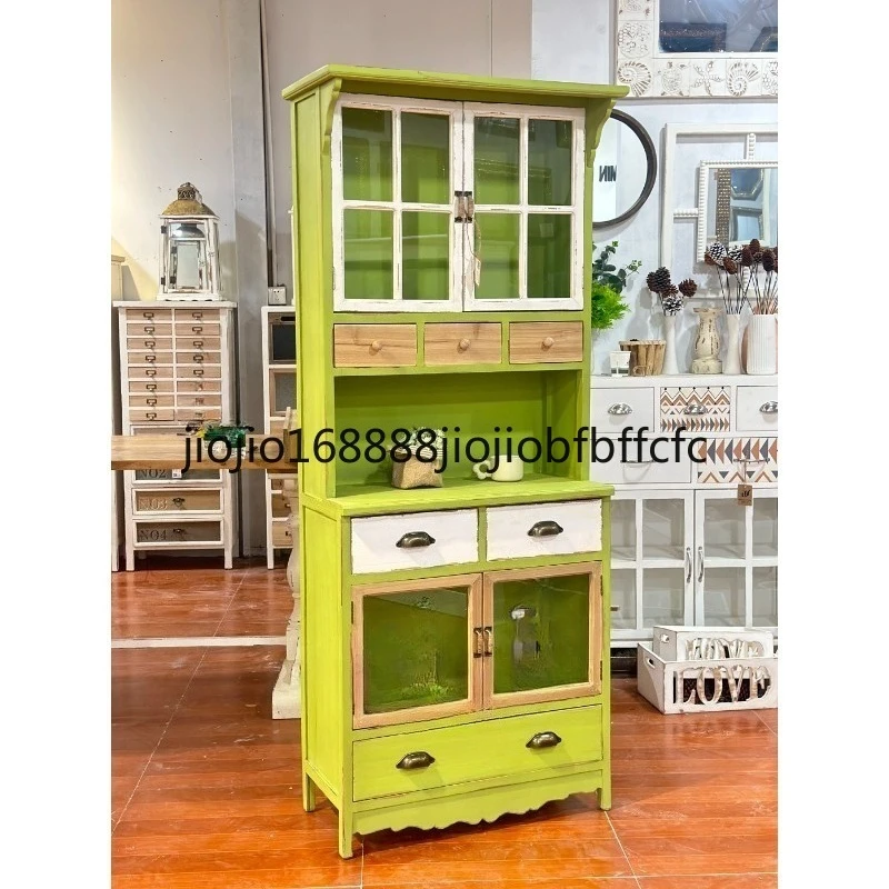 Suitable for   country style solid wood green retro old big cabinet glass door multi-pump cabinet display
