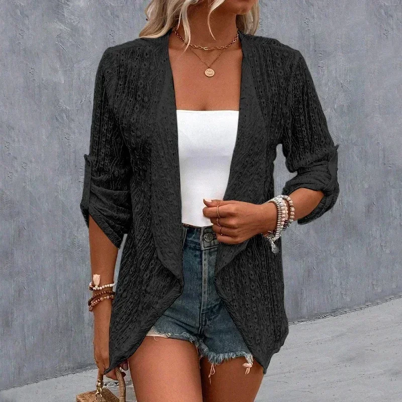 New Fashion Pile Up Sleeves Cardigans Coat Women Vintage Print Shirt Open Stitch Tops Office Lady Casual Loose Clothes 30106