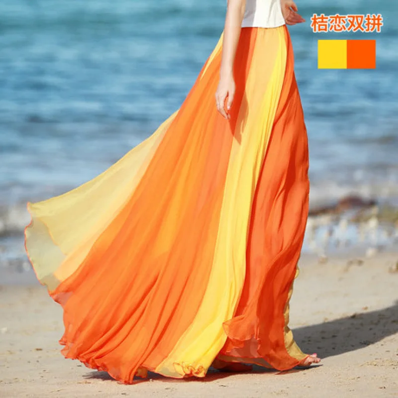 A large swing floor-length women's skirt with a two-color chiffon patchwork, Bohemian long skirt