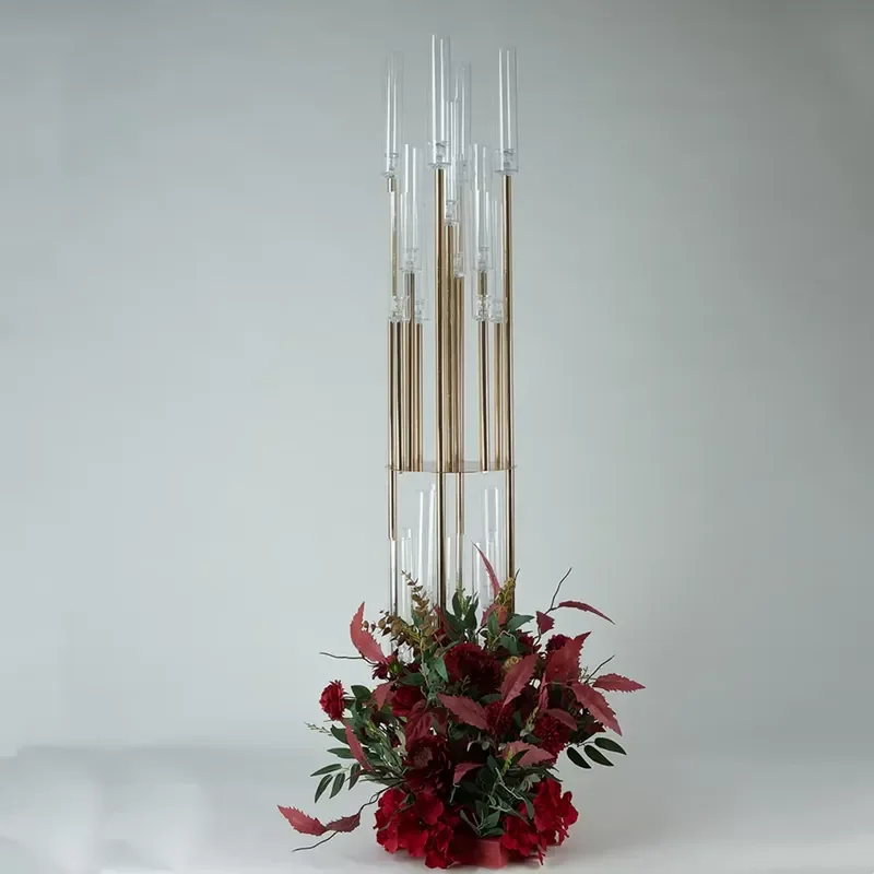 20-Head Metal Candelabra with Vase Wedding Candle Holder Table Centerpiece Pillar Stand for Road Lead Party Decor