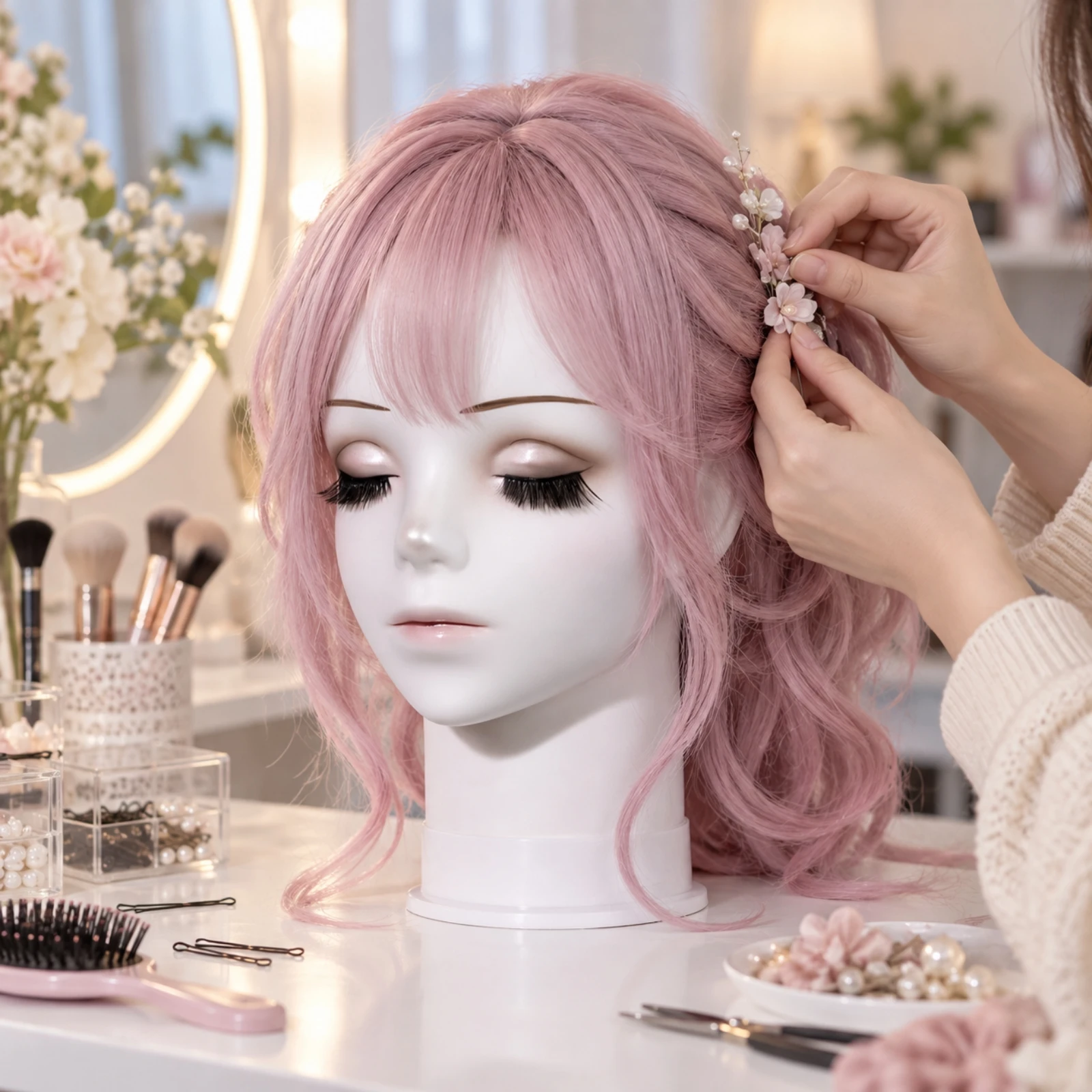 Anime-Style Mannequin Head with Base Portable Hairpiece Styling Mannequin Head Long-Lasting Space Saving for Cosplayers, Salon