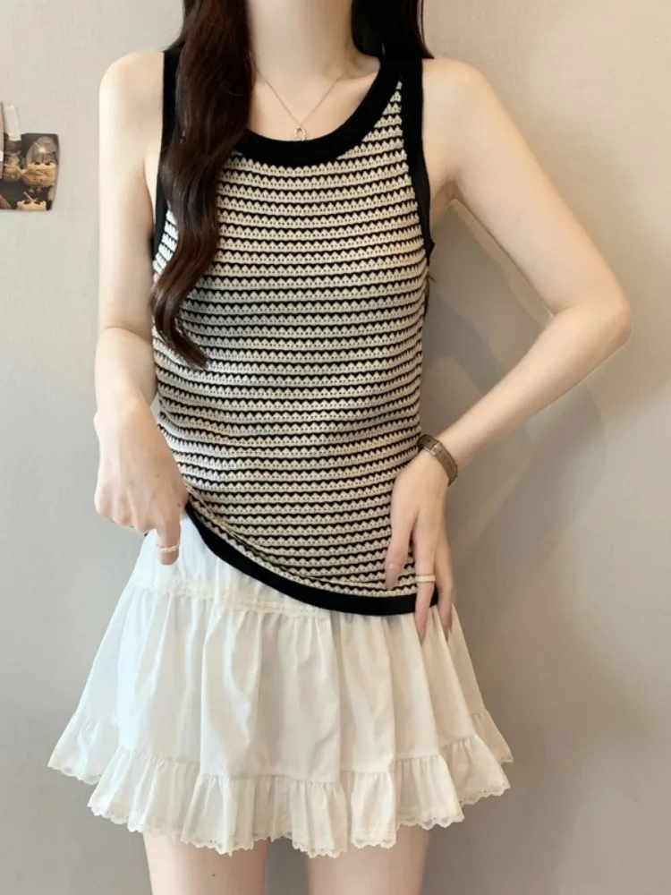 Gilet con cinturino lavorato a maglia a righe da donna Estate di grandi dimensioni Grasso MM Sensazione di fascia alta Strato base Abbigliamento interno Top Svel