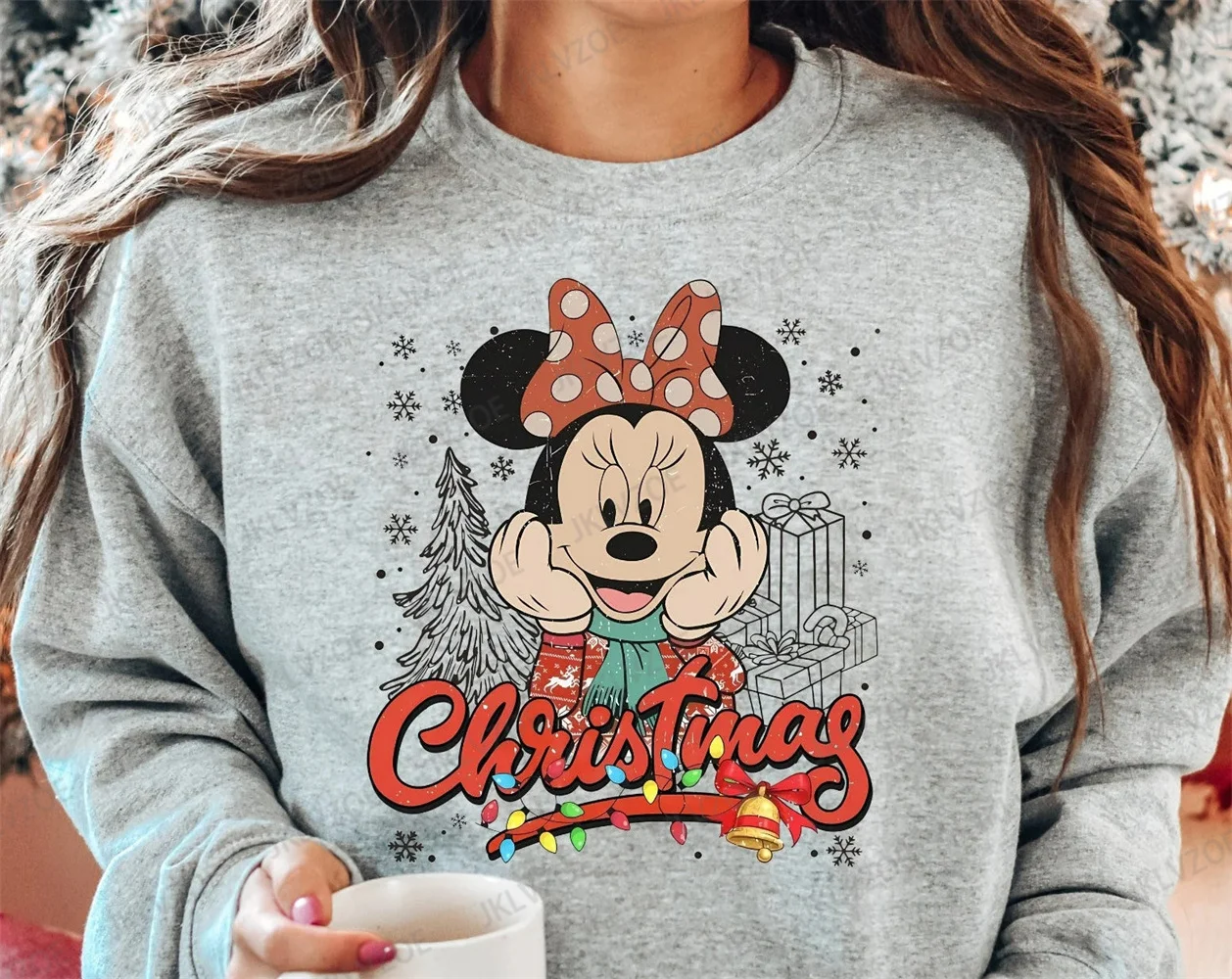 Winter Women Fashion Christmas Hoodies Disney Minnie Print Round Collar Cotton Sweatshirt Sport Streetwear Pullover Hoodies