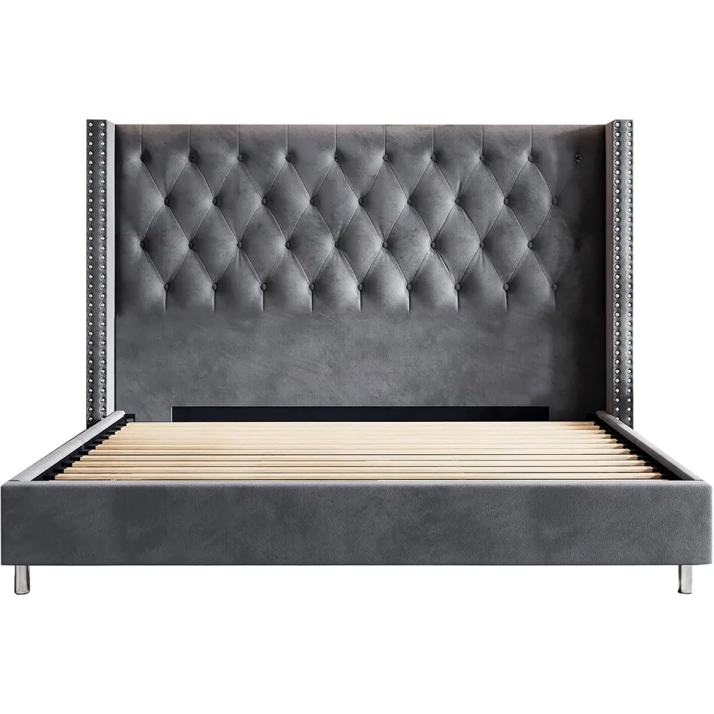 Queen Bed Frame ,Upholstered Bed Wingback Headboard Velvet Tufted Diamond Button,No Box Spring Needed,bedroom furniture. image 5